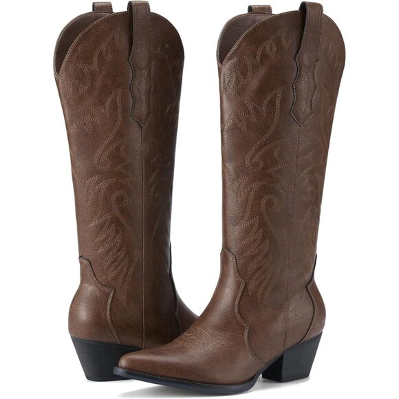 Women's Chunky Knee High Heel Western Brown Leather Embroidered Pointy Toe Boot - Picture 6 of 6